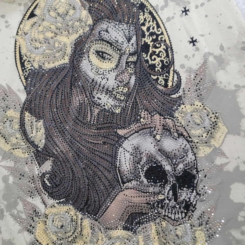 Affliction Black Label Descending Fate Hoodie Sugar Skull Roses Rhinestone 2XL